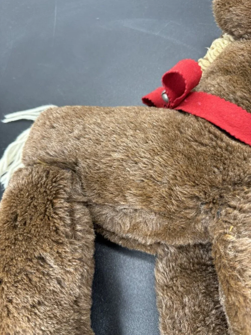 Vintage Handmade 18” Plush Stuffed Animal Horse With Red Bow Jingle Bell